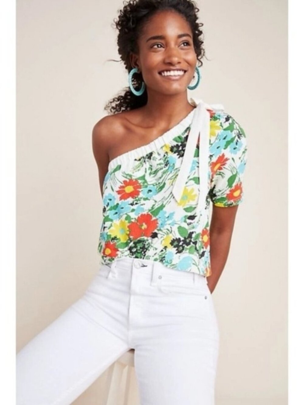 Floral One-Shoulder Tunic Top - White Multi